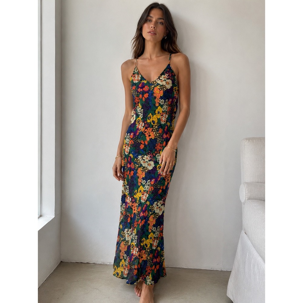 XS Monoki Diane Goldstein 100% Silk Floral Maxi Slip Dress Colorful Sheer Boho